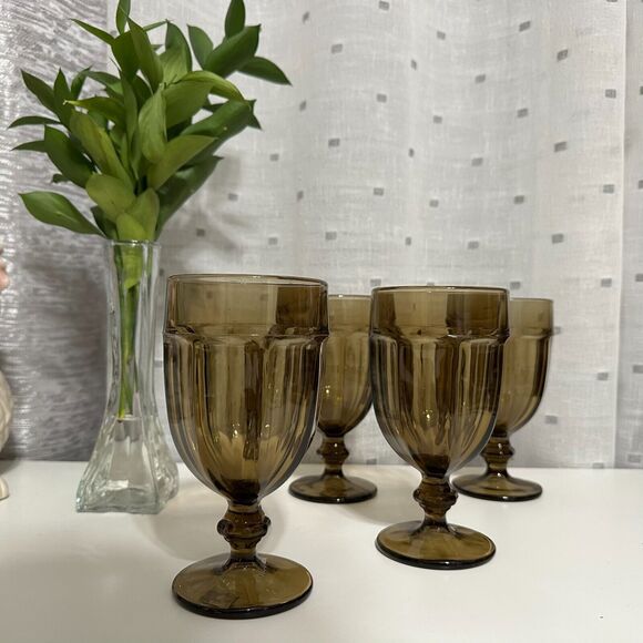 Vintage 4 Libbey Gibraltar Duratuff Brown Iced Tea Water Dessert Goblet 7" - Picture 1 of 11